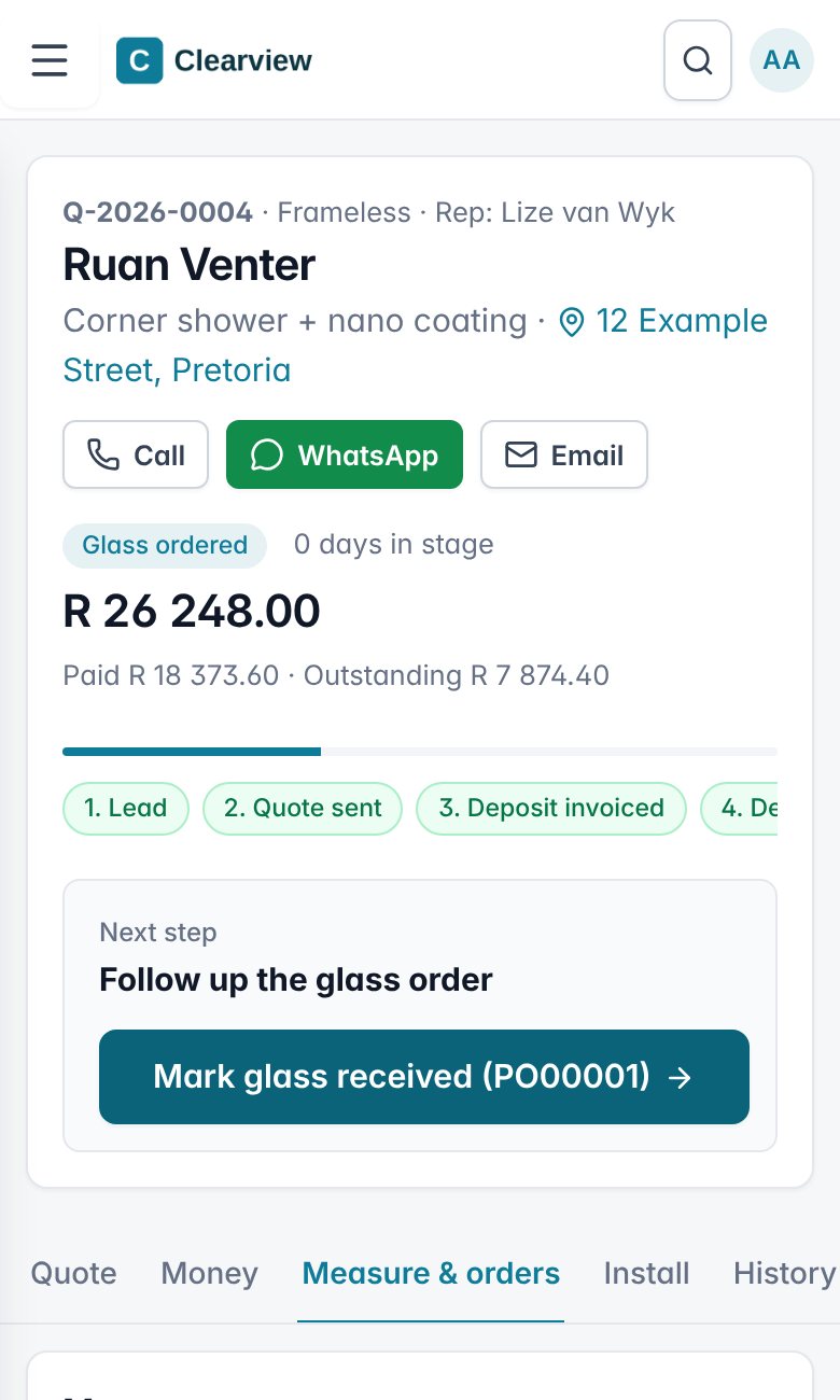 BlueManager job page on a phone showing the client, quote total, progress steps and the next step button