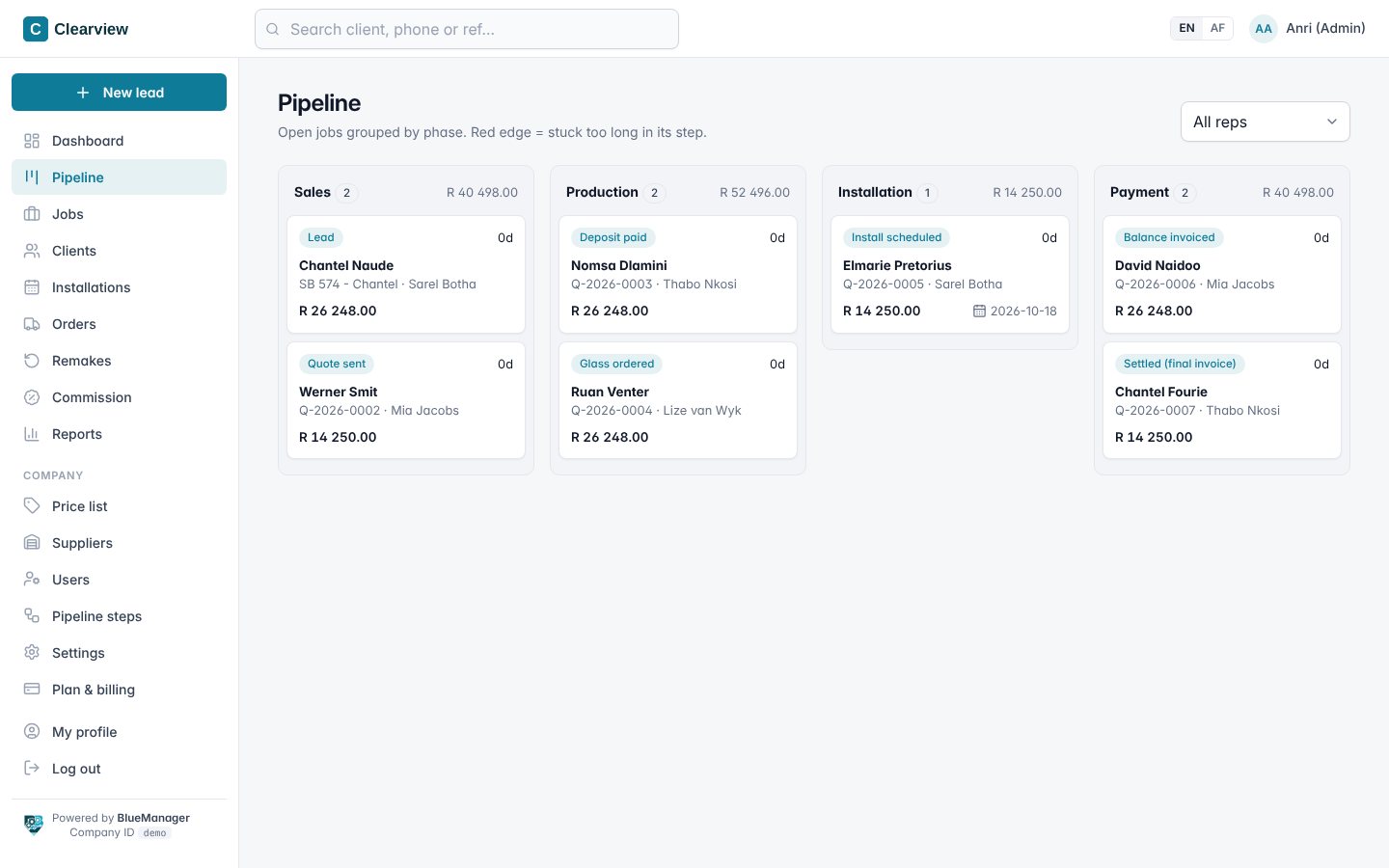 BlueManager pipeline board: open jobs grouped into Sales, Production, Installation and Payment, each card showing the client, step, rep and value